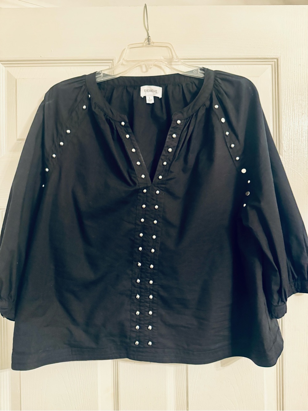 EVEREVE Celina Stud Blouse Top Puff Sleeves Relaxed Fit Black L - Picture 3 of 7